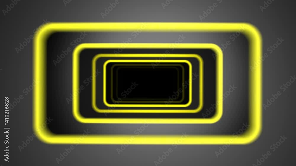 Poster flight in abstract futuristic tunnel with yellow borders and tilting shaking camera. seamless loop.