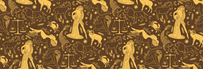 Seamless pattern - signs of the zodiac. Gold illustration of astrological signs on a brown background. Magical illustrations of women and animals. Yellow pattern