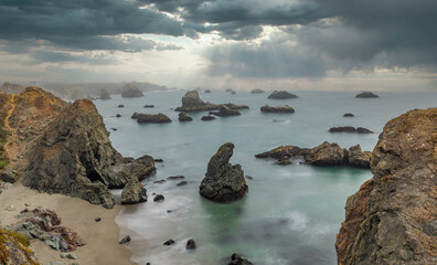 Beautiful landscape, rocks and ocean views along the Pacific Highway in northern California.