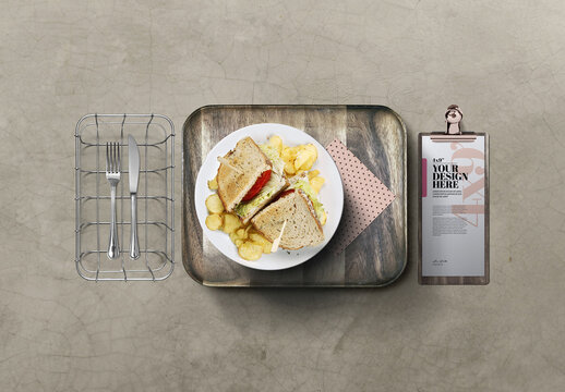 Dinner Plate Mockup with Food Snack Sandwich and thin Clipboard Menu