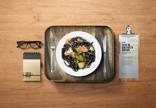 Dinner Plate Mockup with Food Pasta and Thin Clipboard Menu