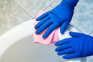 Hands cleaning toilet bowl. Toilet bactericidal treatment.