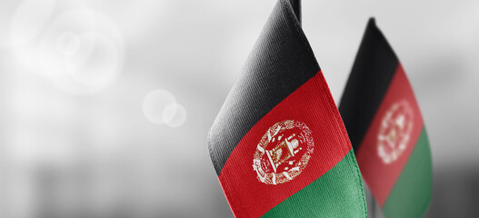 Small national flags of the Afghanistan on a light blurry background