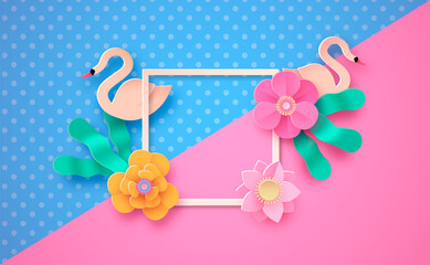 Pink flower paper cut frame background template