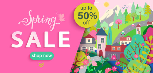 Spring sale flyer,banner with springtime landscape: trees, flowers, houses, mountain.Big discounts in new season with panoramic of countryside.Poster, card with clearance.Vector illustration.