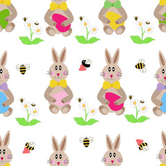 Easter vector with bunnies, eggs, flowers, bees and hearts.