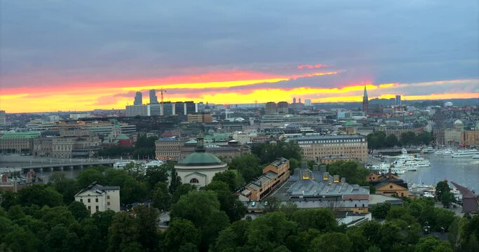 Aerial view over Stockholm city during sunset, Sweden