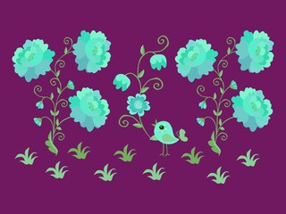 Kawaii pattern with a cute little bird and huge magic flowers on a purple background. Print for cosmetic bags, bags, baby fabrics.