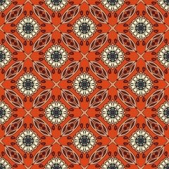 Seamless ornament with abstract white flowers and stylized brown leaves on an orange background.