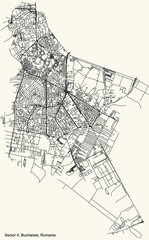 Black simple detailed street roads map on vintage beige background of the neighbourhood Sector 4, Bucharest, Romania