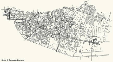 Black simple detailed street roads map on vintage beige background of the neighbourhood Sector 3, Bucharest, Romania