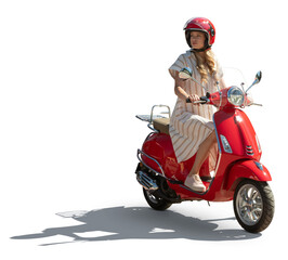 Young woman in a striped summer dress riding a red scooter, isolated on white background © Martin