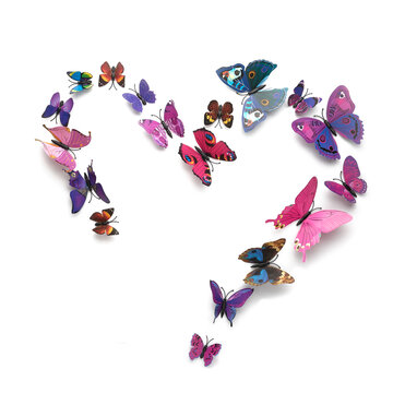 flock of colorful heart-shaped butterflies isolated on white background, square frame, colorful flock of paper butterflies
