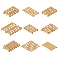 Vector wooden isometric pallet. Isolated on white background. Flat style.