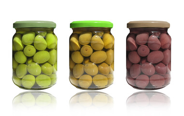 Variety of pickled olives closed in a glass containers.