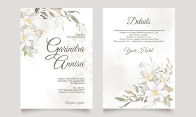 Fototapeta na wymiar Floral wedding invitation template set with white flower and leaves decoration Premium Vector
