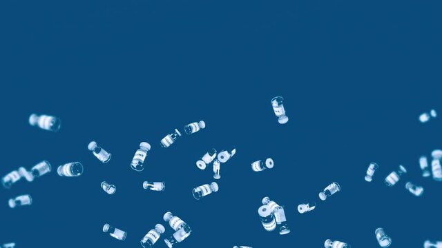 Flying many vaccine bottles on blue background. Medical concept. Virus cure. Transparent liquid. 3D loop animation of vaccines.