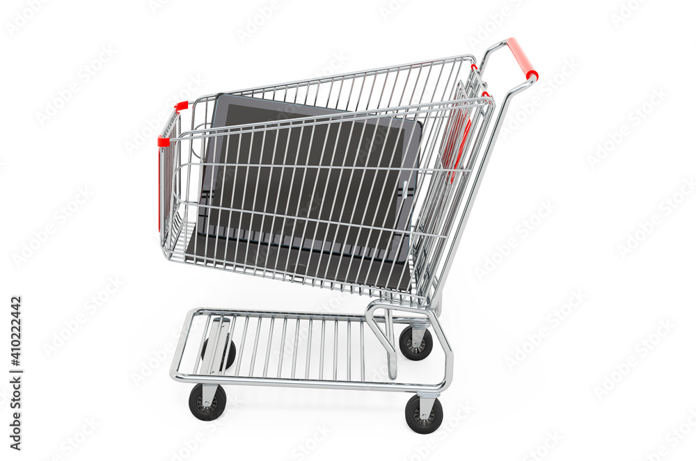 Poster shopping cart with tablet computer, 3d rendering