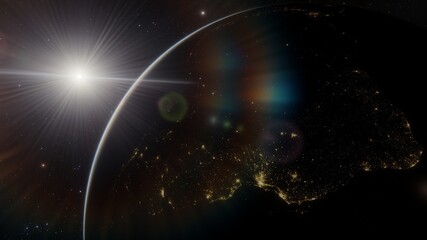Planet earth from the space at night, planet Earth from outer space view, glow planet Earth view from dark space 3d illustration