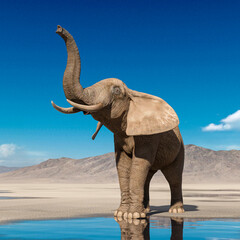 african elephant is doing a scent pose on desert after rain