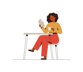 Fototapeta premium African American female sits at the table in the cafe, reads a book and drinks coffee. The black businesswoman is planning her day in the morning. Flat vector illustration isolated on white background
