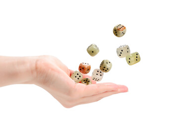 Woman throws dices isolated on white.