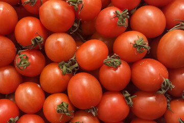 Red ripe tomatoes with a green branch. Abstract natural background from tomatoes.