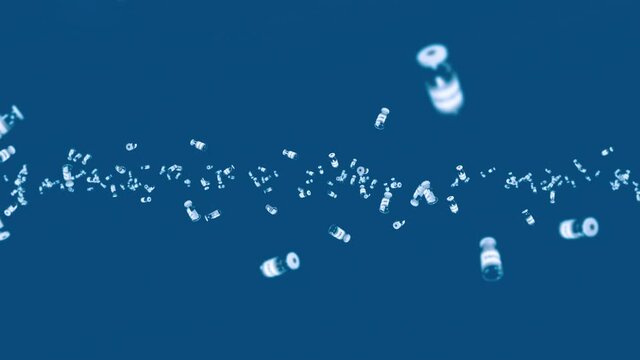 Flying many vaccine bottles on blue background. Medical concept. Virus cure. Transparent liquid. 3D loop animation of vaccines.