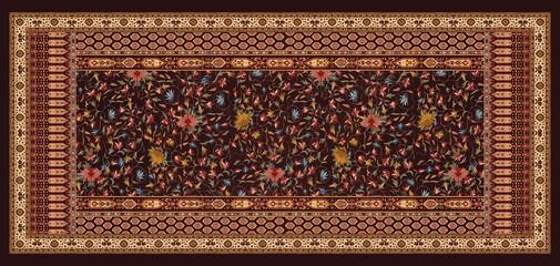A whole frame illustration of a carpet design with elegant floral patterns on the fabric