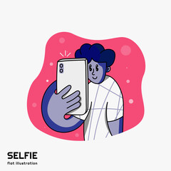 Flat character taking a selfie, shoot on phone camera. Social media influencer colorful illustration vector. Hand drawn cute blogger hold the smarphone in hand. Young person taking a picture