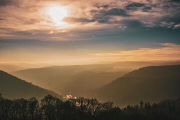 panoramic view of the Elbe Sandstone Mountains in the morning light, Germany.