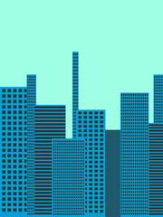Obraz premium Vector graphics - blue rectangular modern skyscrapers with windows against the sky in a large industrial city and a space to copy.