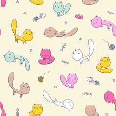 Seamless pattern with cute funny colourful cats.