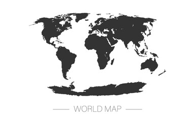World map. Flat Earth, black map template for web site pattern, annual report, infographics. Globe similar world map icon. Travel worldwide, map silhouette backdrop. Vector illustration