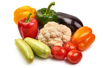 Composition with raw vegetables, isolated on white background
