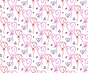Hearts balloon party seamless pattern. Funny doodle hand drawn colorful illustration. Love holidays background