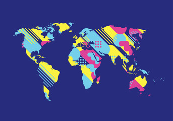 world map 80's design geometry graphic vector illustration. map of the world in the style of the 80's design geometry graphic style of Memphis.