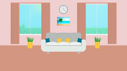 Interior of the living room. Flat style. Home illustration with sofa with pillows, windows to nature, clock and picture on wall, house plants in pots.Delicate pastel colors. Stock vector illustration.
