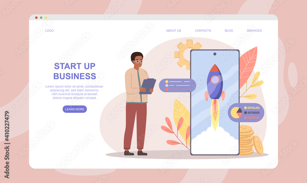 Poster male character is analysing data at the launch of a new startup. man is standing next to smartphone 