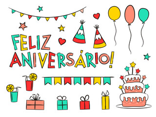 Set of portuguese Happy Birthday elements isolated on white background. Hand-drawn holiday elements, gifts, balloons, cake. Vector illustration for Portugal. Translation: Happy Birthday