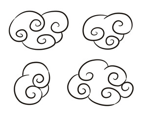 Set of hand drawn curly clouds. Contour black doodles isolated on white background. Vector illustration in Chinese style. Fantasy weather elements.