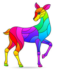 A stained glass illustration with an abstract rainbow deer, the animal isolated on a white background