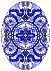 Illustration in stained glass style, round mirror image with floral ornaments and swirls, tone blue , oval image