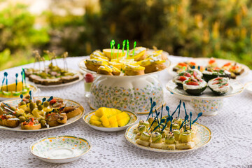 Delicious snacks on wedding reception table