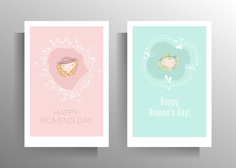 Postcard women's day template set. Delicate design in pastel colors with a cute doodle girl. Vector illustration.