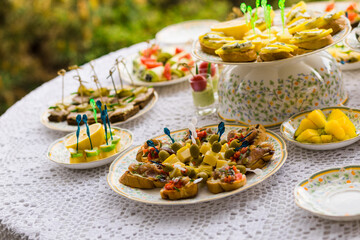Delicious snacks on wedding reception table