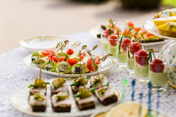 Delicious snacks on wedding reception table