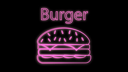 Burger neon glowing sign. Bright label of burger and lettering