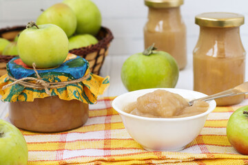 Puree from apples for children, prepared for the winter in cans.