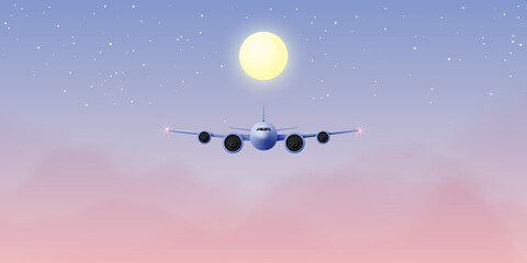Airplane window view with night time sky